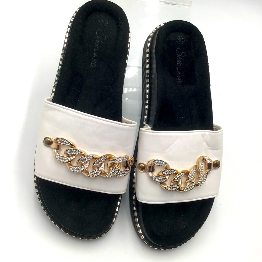 Shoe Land Black White Gold Sandals Sz 10